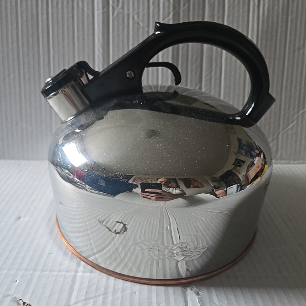 Vintage Revere Ware Copper Bottom Stainless Steel Whistling Tea Kettle 3 1/2 qt